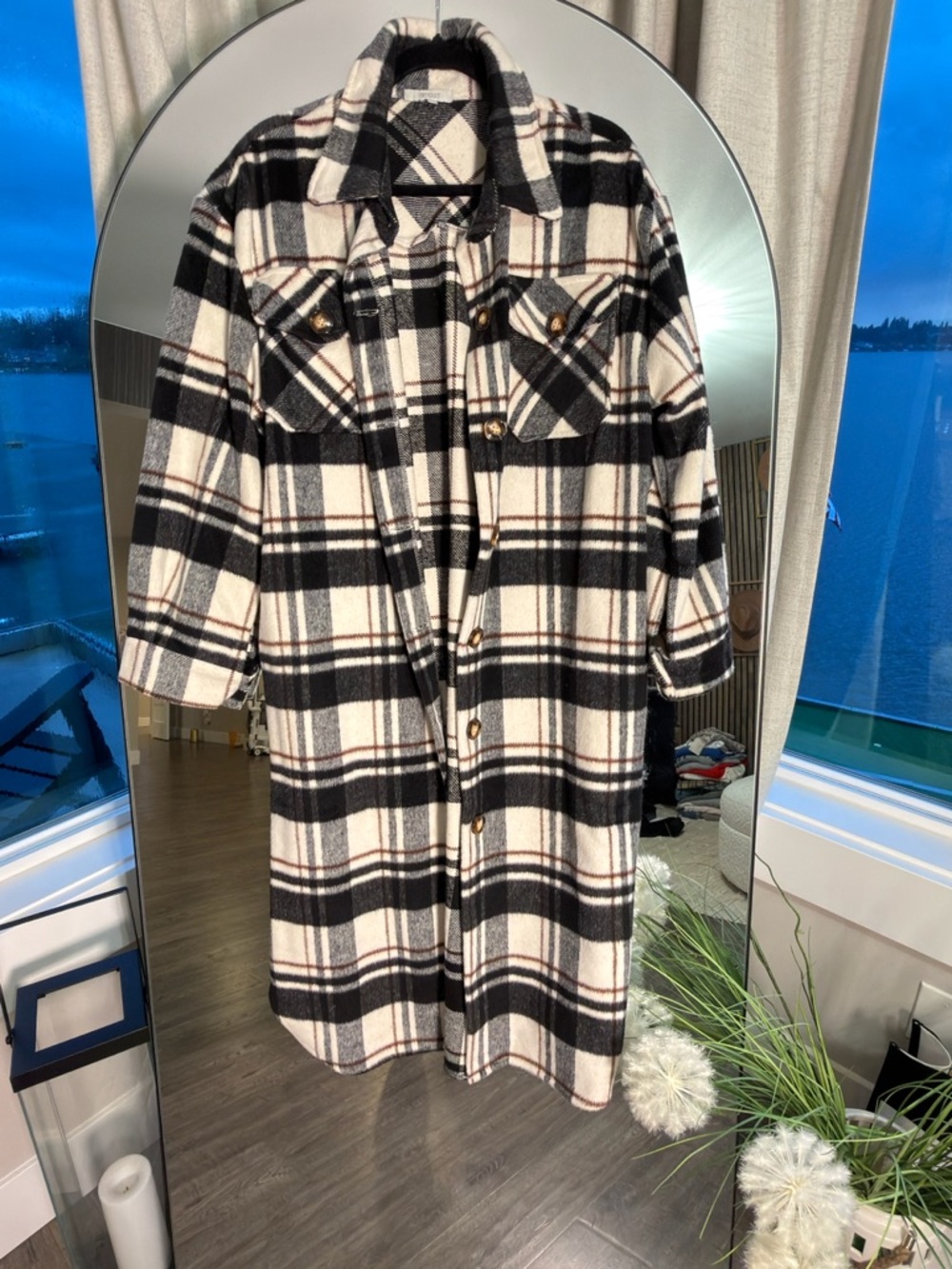 Plaid Button-Front Long Shacket - Black & Cream